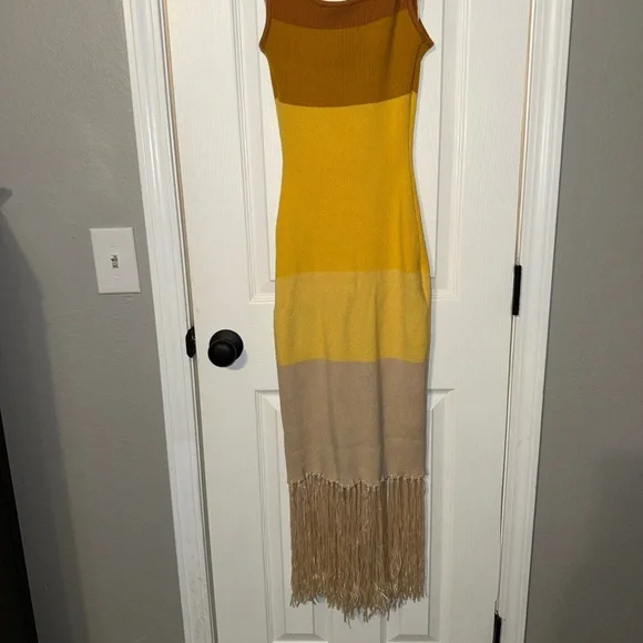 Lulus Delfi Yellow Color Block Fringe Sweater Midi Dress - Picture 9 of 11